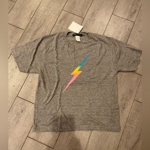 JOHN ESHAYA Gray Tee with Multi-colored lightening bolt. Slit Neck NWT. SIZE M/L